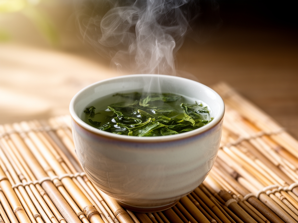 Svež zeleni čaj koji se sipa u keramičku šolju, sa parnom maglom koja se diže iznad šolje, na bambusovoj podlozi sa naturalnim svetlom
