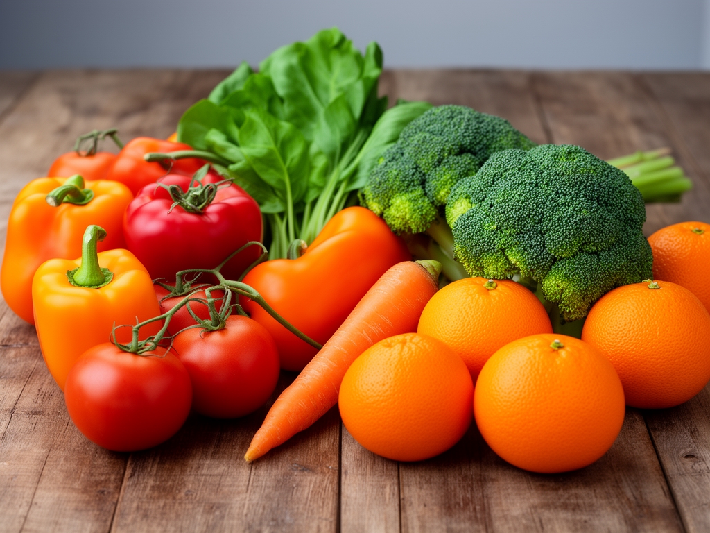 Raznovrstan izbor svežeg povrća i voća raspoređen na drvenom stolu – paradajz, paprika, brokoli, šargarepa, narandže – živi boji bez pozadinskog teksta