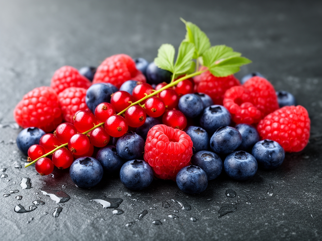 Krupni plan svežih bobičastih plodova – borovnica, ribizle i maline – na tamnoj kamenenoj podlozi sa kapljicama rose i prirodnim osvetljenjem