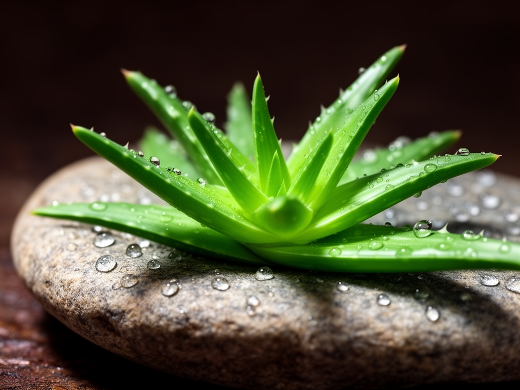 Makro fotografija svežih listova aloe vere na kamenom podlošku, okruženih sitnim kapljicama vode, na tamnoj prirodnoj podlozi sa mekom senkom